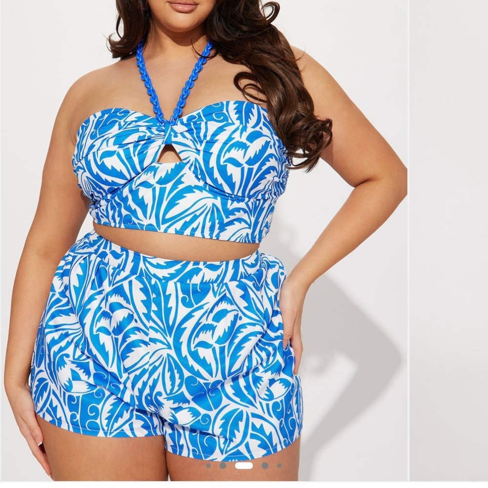 Blue and White Halter Crop Top and Short Set